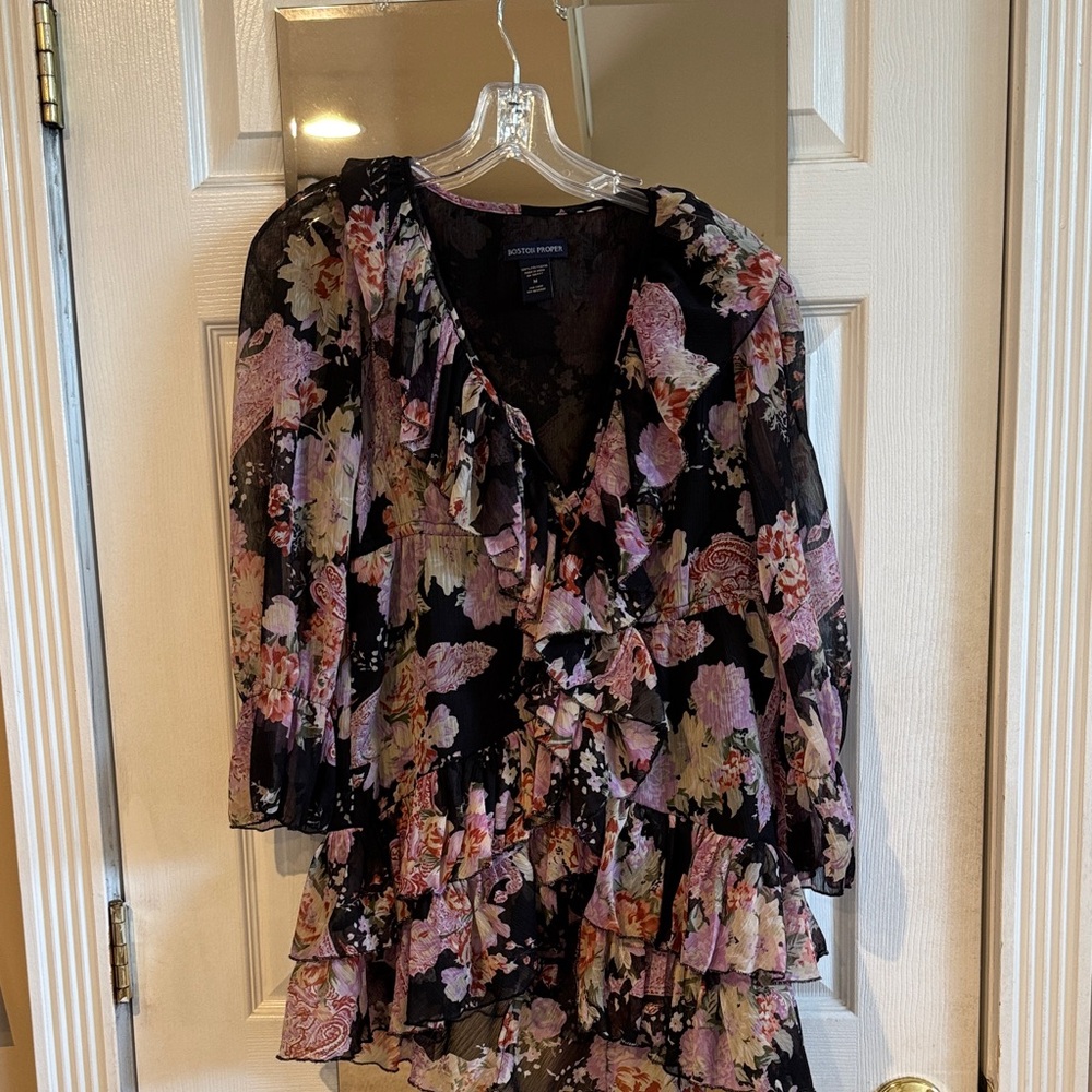 Boston Proper Floral Ruffle Blouse - Black and Pink multi